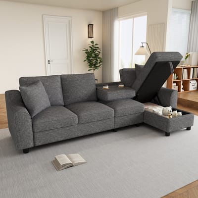 OKWISH Hoekbank 280 x 136 cm - 4-Zits Met Chaise Longue, Opbergruimte En Bekerhouders - Chenille - Grijs