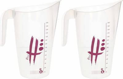 2x stuks transparante maatbeker 1400 ml met roze/paars opdruk 13 x 22 cm - 1,4 liter - Keukenbenodigdheden - Koken