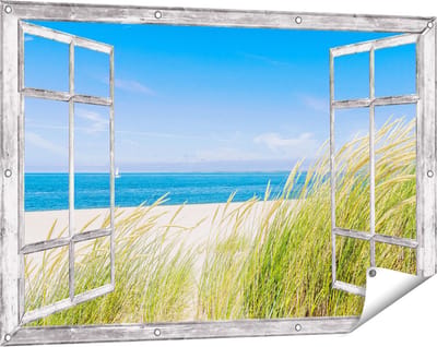 Gards Tuinposter Doorkijk Strand en Zee met een Zeilboot - 120x80 cm - Tuindoek - Tuindecoratie - Wanddecoratie buiten - Tuinschilderij