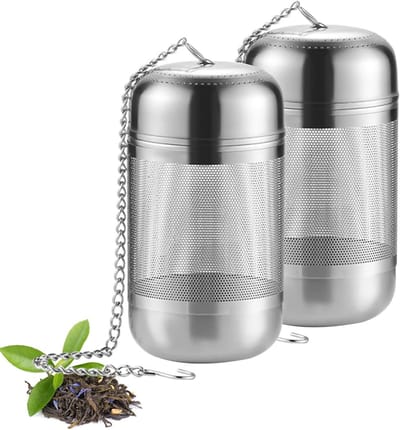 Stainless Steel Theefilter Set van 2 Stuks met Fijn Gaas, Ketting en Deksel voor Loose Leaf Thee, Ideaal voor Theepotten, Mokken en Kopjes
