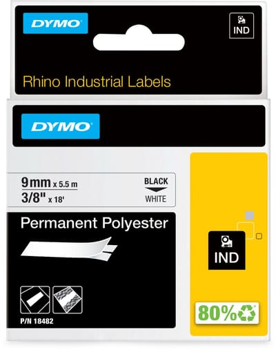 DYMO Rhino industriële labels | Permanent Polyester | 9 mm x 3,5 m | zwarte afdruk op wit | zelfklevende labels voor Rhino & LabelManager labelprinters
