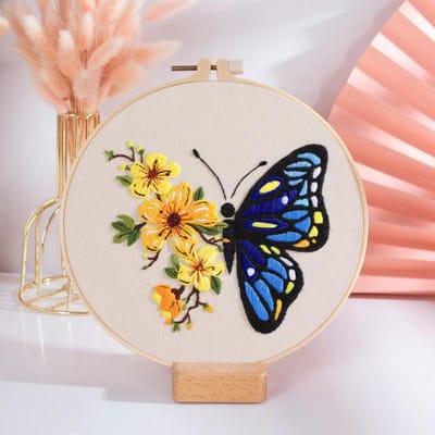 Diy handgeborduurde vlinderbloemenkit voor beginners Cross Stitch Set naaldwerk hoepel handgemaakte naaikunst Craft Kit geel/blauw