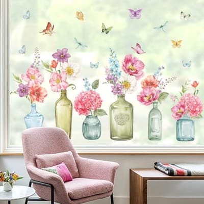 PromoHome Raamstickers Set - Roze Bloemen en Vlinders Decoratie - Zelfklevende Glasstickers voor Binnen - Tuin Thema Lente Zomer - Anti-Botsing Raamdecoratie - 2 Vellen 30x90 cm