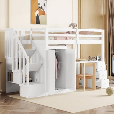 DESMIU Hoogslaper 90x200 cm – Bureau En Kledingkast – Opbergtrap Met 3 Laden – Ruimtebesparend Voor Jeugdkamer – Grenenhout En MDF – Wit – Zonder Matras