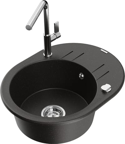Mexen Kevin granieten gootsteen met 1 bak met afdruiprek en keukenmengkraan Flora, zwart/goud metallic - 6517-75-670401-00