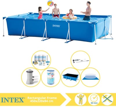 Intex Rechthoekig Frame Zwembad - 450 x 220 x 84 cm - Blauw - Inclusief Solarzeil - Onderhoudspakket - Zwembadfilterpomp - Filter - Grondzeil - Stofzuiger - 7-delig