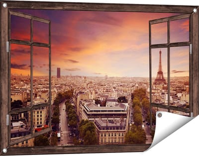 Gards Tuinposter Doorkijk Skyline Parijs met Eiffeltoren - 90x60 cm - Tuindoek - Tuindecoratie - Wanddecoratie buiten - Tuinschilderij