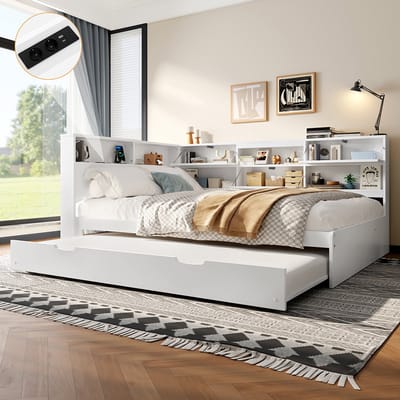 Komhtom Dagbed, slaapbank, 140 x 200 cm, hoofdeinde met opbergvak, uitschuifbaar bed, zonder matras, wit