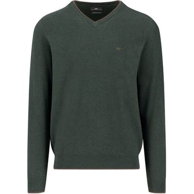Fynch-Hatton Trui V-Neck Superfine Cotton Subtle Texture Dark Ivy / male