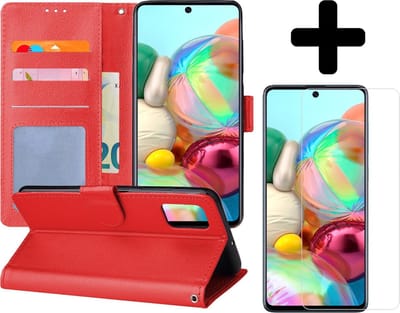 Hoesje - Met Screenprotector - Geschikt voor Samsung Galaxy A71 - Luxe Pasjeshouder - Flipcase - Bookcase Portemonee - Flip Case - Kunstleer Book Case - Book Cover - Walletcase - Portemonneehoes - Telefoonhoes - Rood