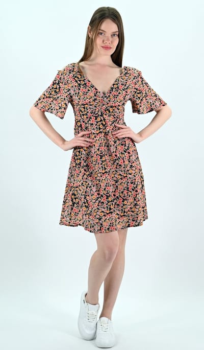 YesMooi - Mini Jurk met Bloemenprint - V-hals en Open Rug - M (38) - Roze | Oranje | Beige