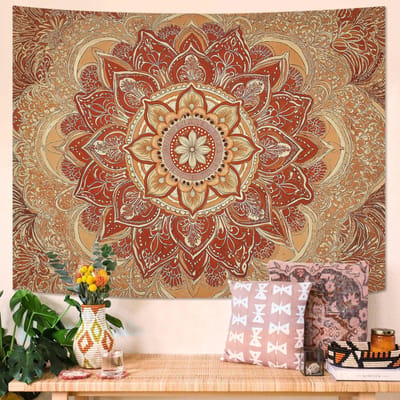 Mandala Sierlijk Cirkelvormig Patroon Wandtapijten Boheems Oranje Bloemen Wandtapijten Warme Aardetoon Muurwandtapijt Slaapkamer Studentenkamer 70x100CM