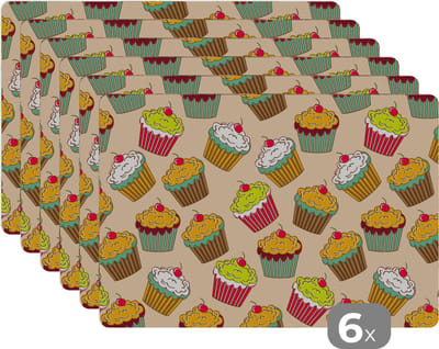 Placemat - Placemats kunststof - Patronen - Eten - Cupcake - 45x30 cm - 6 stuks - Hittebestendig - Anti-Slip - Onderlegger - Afneembaar
