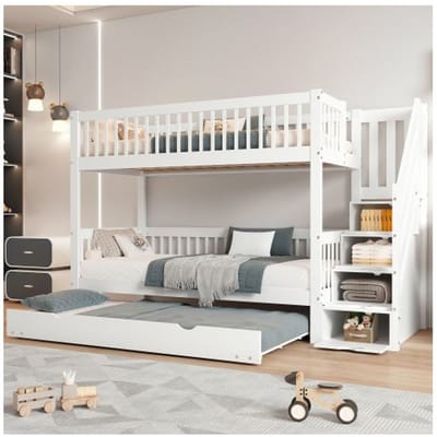 Lit superposé - 90x200/190 cm - Armoires à échelle - Barres antichute - Bois massif blanc blanc