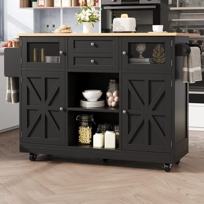 MEUNIQ Keukeneiland keukenkast 140 x 70 x 93,5 cm met opklapbaar blad, 2 lades, 2 deuren, open vakken, handdoekenrek en wielen voor keuken zwart