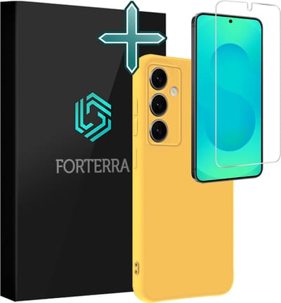 Hoesje Met Screenprotector - Geschikt voor Samsung Galaxy S25 - Sterk & Shockproof - Telefoon Hoes - Back Cover - Siliconen Case - Geel