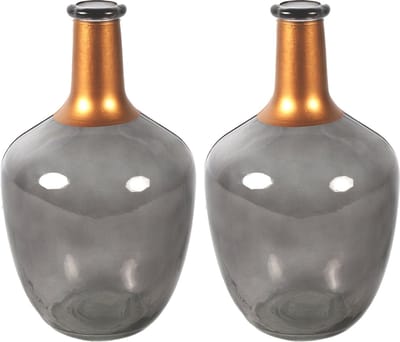 Countryfield Bloemenvaas Firm Big Bottle - 2x - transparant grijs/koper - glas - D15 x H25 cm