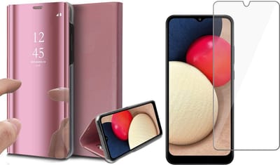 Hoesje geschikt voor Samsung Galaxy A02s - Screen Protector GlassGuard - Book Case Spiegel Roségoud & Screenprotector