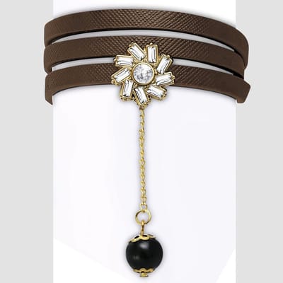Amanto Armband Cos Brown - PU Leer - Messing - Bloembedel - 17mm