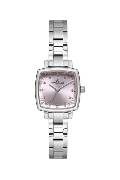 Daniel Klein DK.1.13922-1 - Horloge - Polshorloge - Analoog - Dames - Vrouwen- Vierkant - Stalen band - Metaal - Strepen - Bolletjes - Briljant - Zilverkleurig - Lichtroze - Zwart