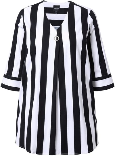 Ulla Popken - Dames - Blouse verticale strepen A-lijn V-hals 3/4-mouwen - Zwart - Maat 42+