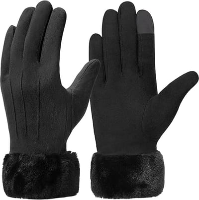 Handschoenen - Warme handschoenen voor dames - Winterhandschoenen - Met fleece gevoerde manchetten - Dunne fleecevoering - Touchscreen compatibel - Winddicht - Geschikt als cadeau - Skiën - Fietsen - Past op een handpalmomtrek van 17-21 cm - Zwart