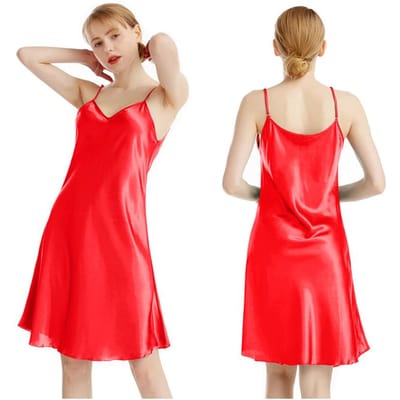 Zijde Dunne Schouderband V-hals Onderjurk met Spaghettibandjes, Zomer Dunne Sexy Slim Fit Effen Kleur Knielengte Huispyjama XL rood