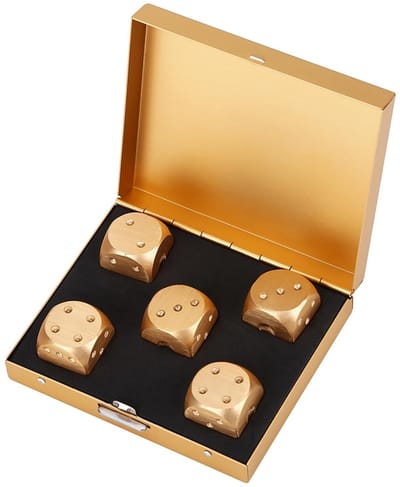 Dailygoods- Dobbelstenen Set 5 Stuks - Aluminium Tafelspel - Opbergdoos - Goud - Tafelspellen - Compacte Grootte 1,6 cm - Speelgoed
