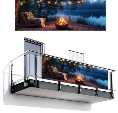Balkonscherm 300x100 cm - Balkonposter Kampvuur - Meer - Avondlicht - Balkon scherm decoratie - Balkonschermen - Balkondoek zonnescherm