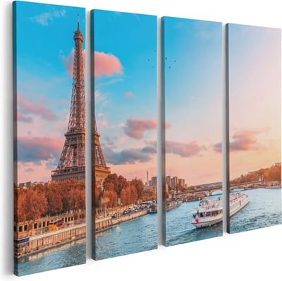 Artaza Canvas Schilderij Vierluik Eiffeltoren In Parijs Aan Het Water - 80x60 - Foto Op Canvas - Canvas Print