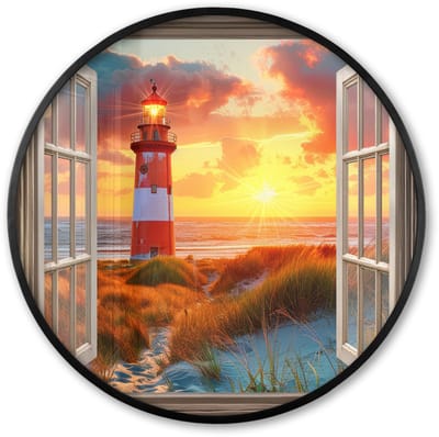 Poster in lijst Rond - Fotolijst 60x60 cm - Posters - Doorkijk - Raam - Vuurtoren - Zonsondergang - Strand - Ronde posterlijst zwart - Decoratie - Wanddecoratie woonkamer - Muurdecoratie slaapkamer