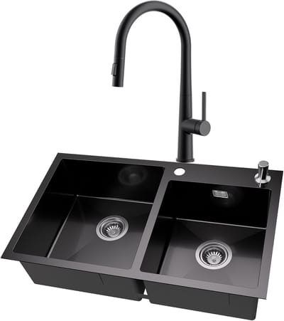 Auralum MAX Dubbele Spoelbak (75x45cm) Antraciet - Spoelbak Keuken Met keukenkraan Met Uittrekbare Uitloop - Duurzaam, Veelzijdig en Geluiddempend - Met zeepdispenser 300ml en Waterafvoersysteem