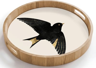 Dienblad rond 40x40 cm - Schootdienblad hout - Zwarte zwaluw - Gouden accenten - Lichte achtergrond - Borrelplank rechthoek - Plateau houten dienbladen