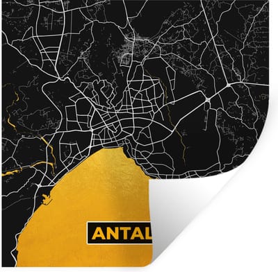 Muurstickers - Sticker Folie - Antalya - Goud - Plattegrond - Stadskaart - Kaart - 100x100 cm - Plakfolie - Muurstickers Kinderkamer - Zelfklevend Behang XXL - Zelfklevend behangpapier - Stickerfolie