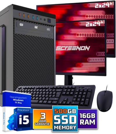 Intel Compleet PC SET | Intel Core i5 | 16 GB DDR4 | 500 GB SSD + 2 x 24 Inch Monitor + Muis + Toetsenbord | Windows 11 Pro + WiFi & Bluetooth