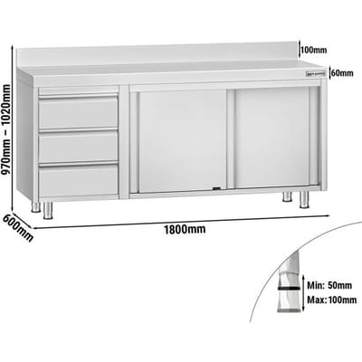 GGM Gastro Edelstahl Arbeitsschrank ECO - 1800x600mm - mit 3 Schubladen links & Aufkantung Zilver