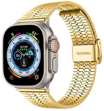 Luxe stalen bandje - geschikt voor Apple Watch 1/2/3/4/5/6/7/8/9/10/11/ SE (1,2,3) met maat 38 mm / 40 mm / 41 mm en 42 mm (Watch 10/11) - gespsluiting - goud