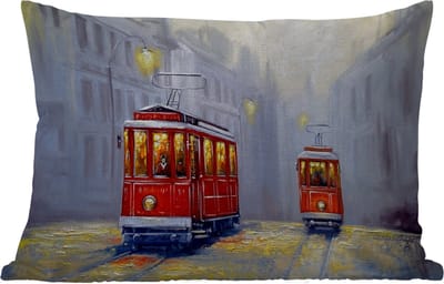 Buitenkussens - Schilderij - Tram - Stad - Olieverf - 60x40 cm - Weerbestendig