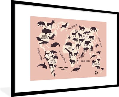 Poster in lijst - Fotolijst 90x60 cm - Posters - Wereldkaart - Roze - Dieren - Posterlijst zwart - Decoratie - Wanddecoratie woonkamer - Muurdecoratie slaapkamer