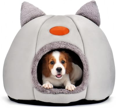 Hol voor honden, kattenhol, kattenbed voor huiskatten, opvouwbaar kattenbed, kattenhuis met wasbare kussens, zacht en warm kattenhuis voor binnen voor kittens en middelgrote katten (grijs, L)