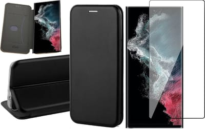 Hoesje geschikt voor Samsung Galaxy S22 Ultra - Book Case Kunstlederen Wallet Cover Minimalistisch Pasjeshouder Hoes Zwart - Full Tempered Glass Screenprotector