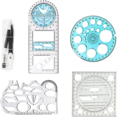 Set van 5 Geometrische Tekenhulpmiddelen - Compas, Multifunctionele Geometrische Liniaal en Protractor voor Schoolbenodigdheden, Geschikt voor Leren, Schilderen en Architectuur