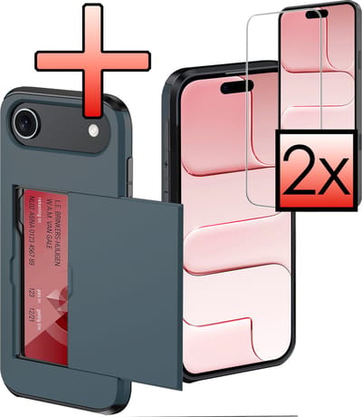 Hoes Geschikt voor iPhone Air Hoesje Pasjeshouder Hard Cover Met 2x Screenprotector Shock Proof Hard Case Hoes Met Kaarthouder - Donkerblauw