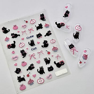 5D Geïmbosseerde Zwarte Kat & Roze Strik Thema Nagelstickers - Zoete Cupcake en Appel Esthetiek, voor kattenliefhebbers - Schattige Accessorize voor Nagels