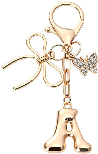 letter A goud – gepersonaliseerde tashanger voor dames met strik en strassteentjes, schattige tas charm goud voor handtassen, rugzakken en autosleutels, damesaccessoires, geschenken