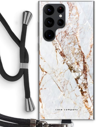Case Company® - Hoesje met koord geschikt voor Samsung Galaxy S22 Ultra hoesje met Koord - Goud marmer - Telefoonhoesje met Zwart Koord - Bescherming aan alle Kanten en Over de Schermrand