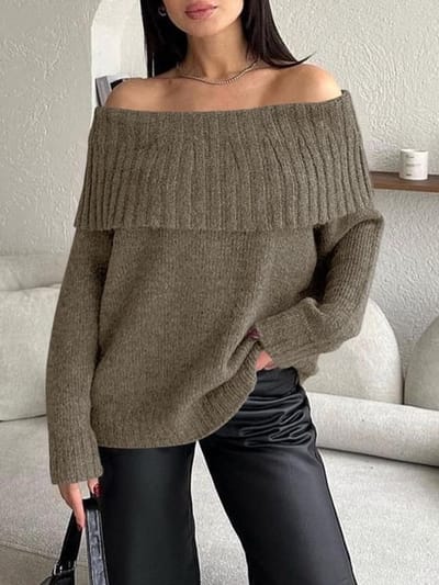 Damestrui lange mouwen - Schoudervrij - Losse pasvorm - Gebreide trui - Effen kleur - Casual ribgebreid - Jumper