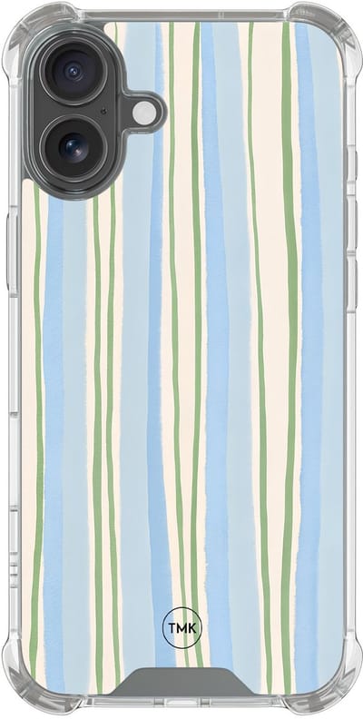 Shockproof hoesje geschikt voor Apple iPhone 17 - Pastelblauwe strepen - Schokbestendig - Verhoogde randen - TPU case - Extra Sterke Back Cover - Gestreept - Transparant, Blauw