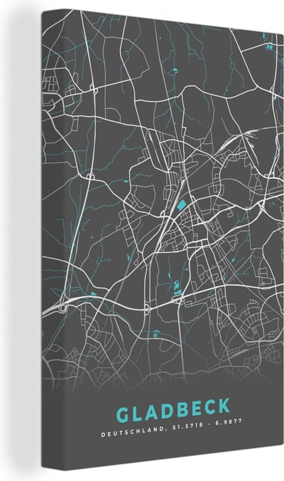 Canvas Schilderij Blauw – Duitsland – Plattegrond – Stadskaart – Kaart – Gladbeck - 20x30 cm - Wanddecoratie