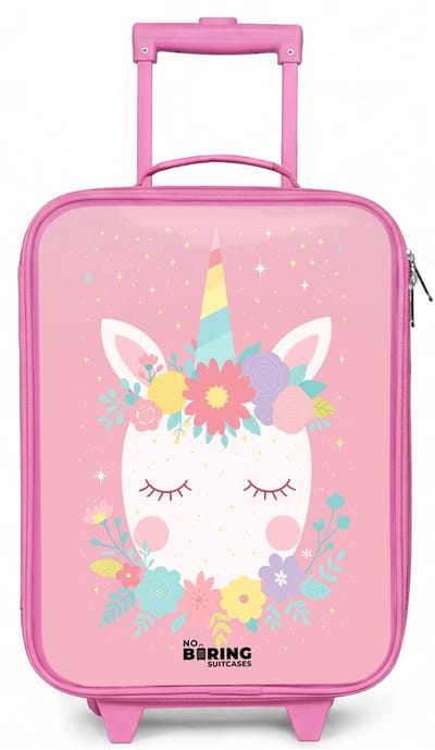 NoBoringSuitcases.com® - Kinderkoffer roze - Kindertrolley meisje - Eenhoorn - Bloemen - Roze - Koffer kind lichtgewicht - Reiskoffer trolley voor kinderen - Koffertje met lichtgevende wieltjes - Rolkoffer